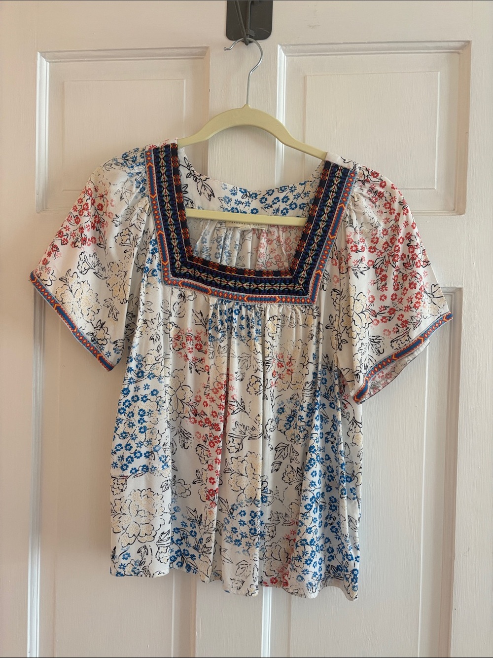 Square-Neck Floral Peasant Blouse — Cream with Red & Blue